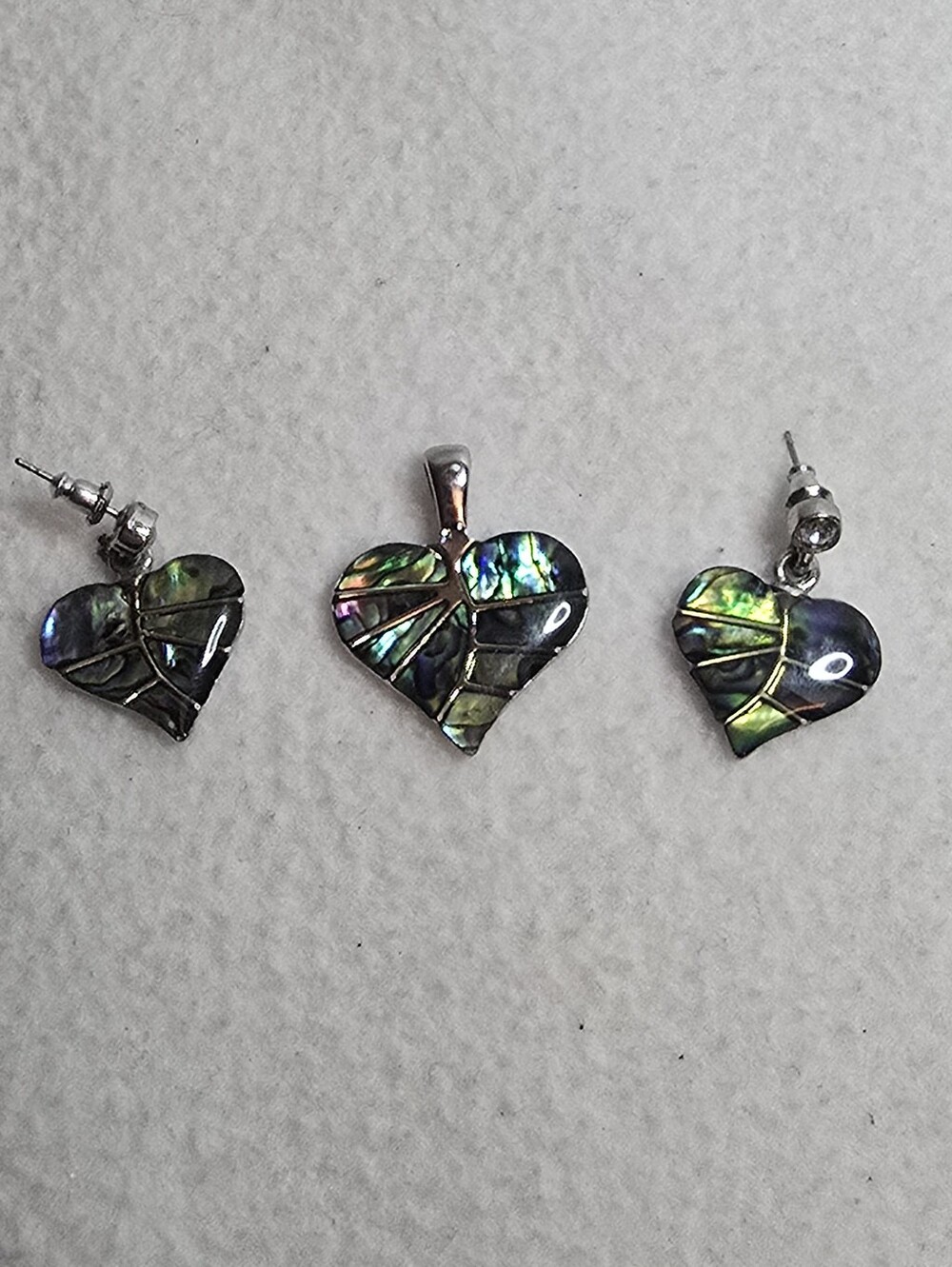 Iridescent Heart Abalone Shell Earrings and Pendant Set - Green Tones
